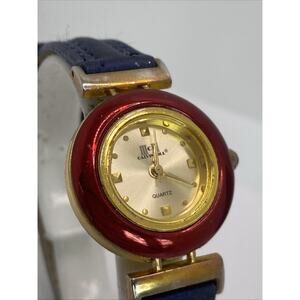Calvin Hill Womens Red Bezel Blue Band Watch Works New Battery